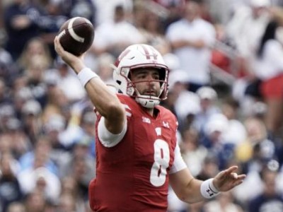 Wisconsin's Tanner Mordecai during the second half of an NCAA college football game against Georgia Southern Saturday, Sept. 16, 2023, in Madison, Wis. (AP Photo/Morry Gash)