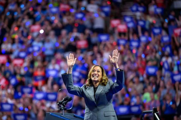 Harris waves after speaking at a campaign event at Alliant Energy Center in Madison, Wisconsin, on Sept. 20, 2024.